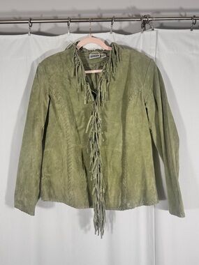 Vintage Chico’s Green Suede Leather Fringe Jacket
